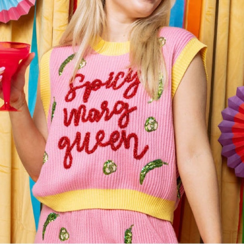 Queen of Sparkles Spicy Marg Queen Sequin Sweater Vest Margarita Size S Fiesta